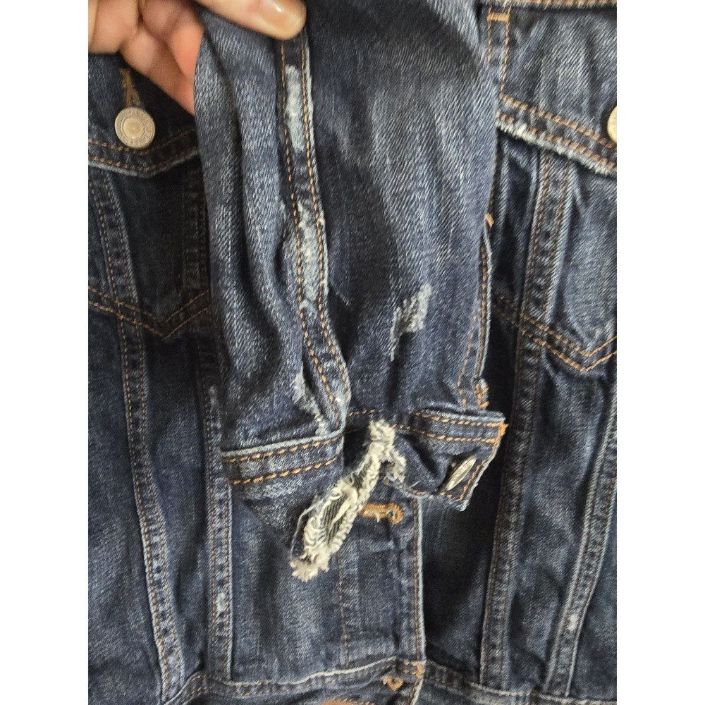 American Eagle Jacket Womens Medium Denim Distressed Dark Blue Trucker Jean LS - Picture 3 of 5